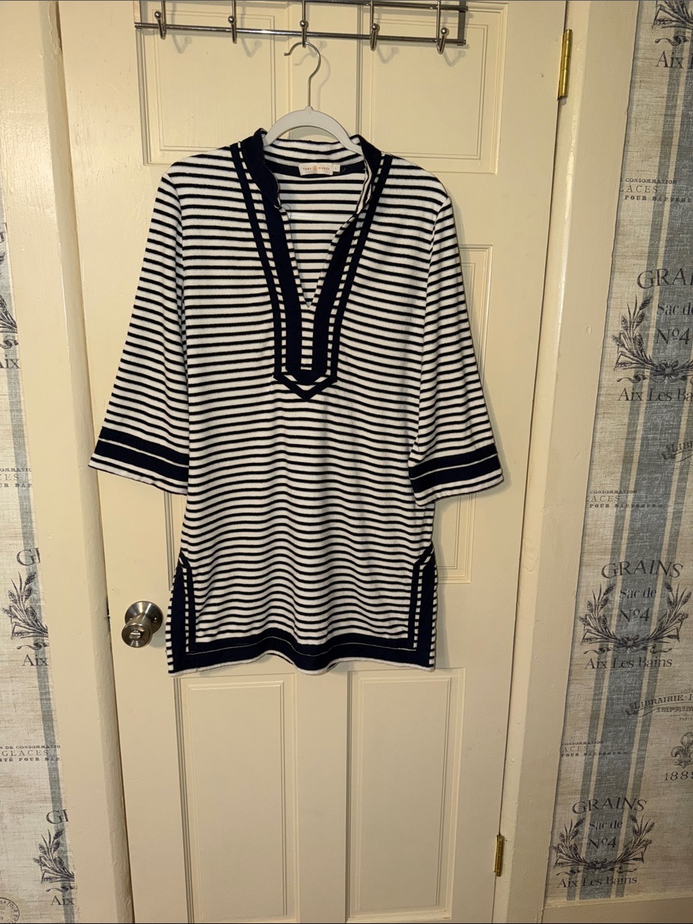Tory Burch Navy and White Striped V-Neck Tunic Sweater dress for the beach